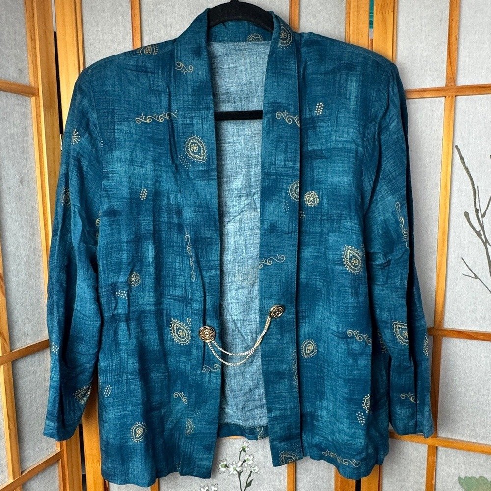 Vintage Teal Blue Gold Chain Closure Cardiganβ Jacket Paisley Print Bohemian